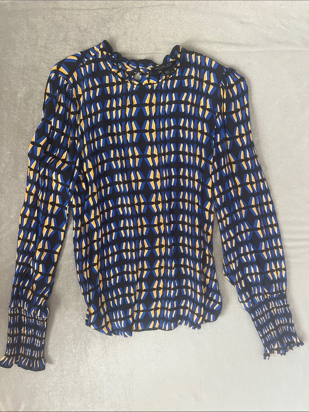 Rachel Zoe Woven Geometric Print Long-Sleeve Blouse - Blue/Yellow